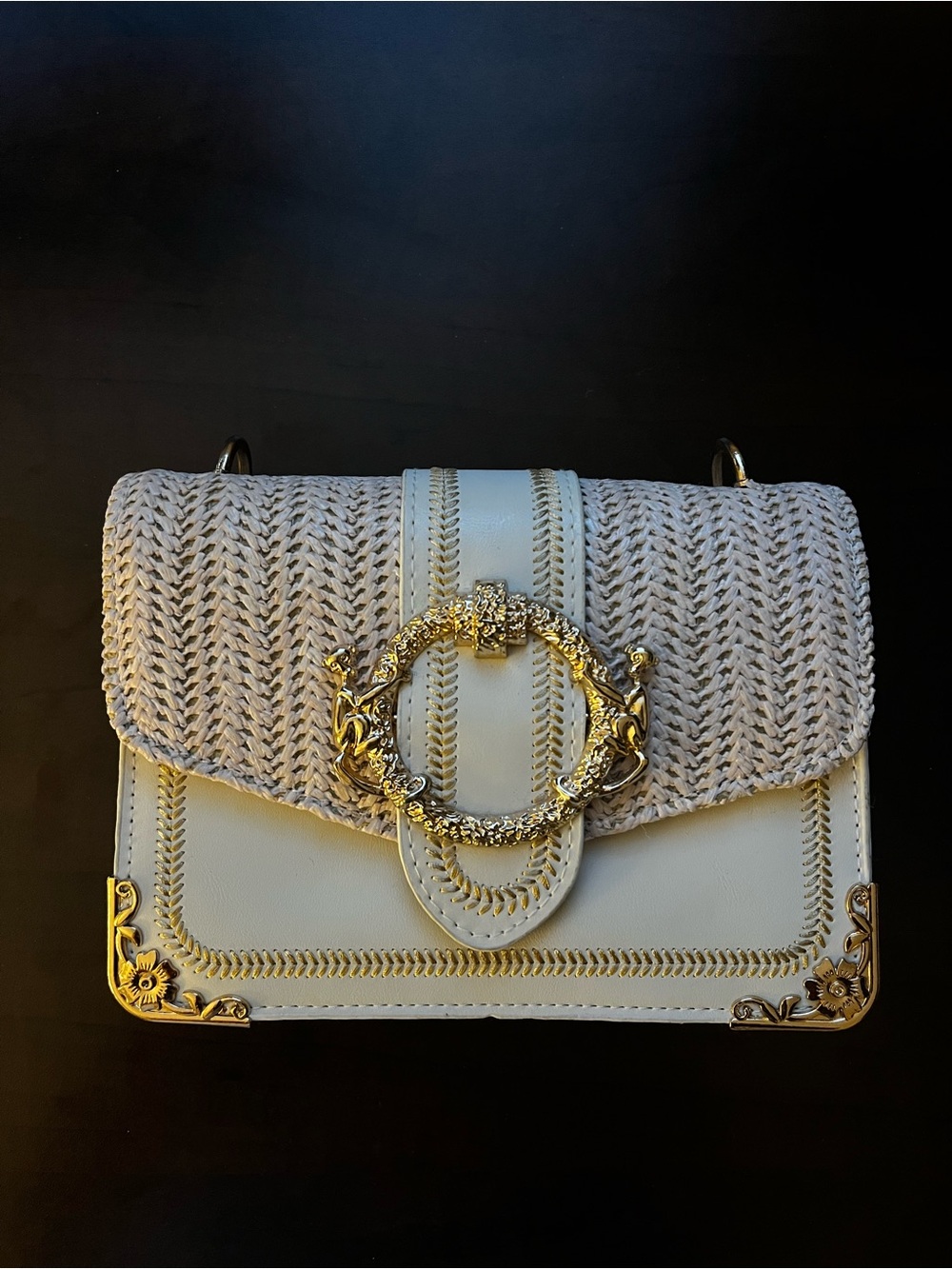 Woven Detail White Shoulder Bag with Gold Ring Accent
